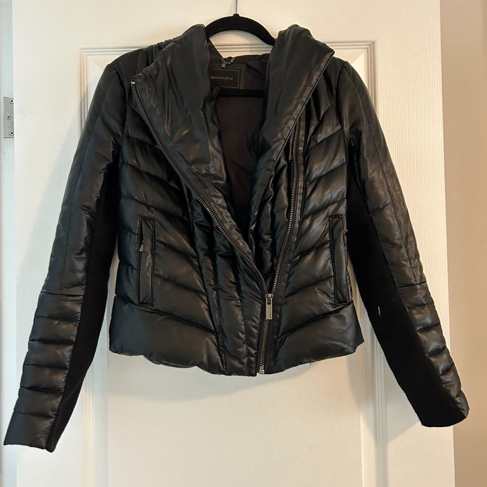 BCBGMAXAZRIA Faux Leather Hooded Puffer Jacket (XS)